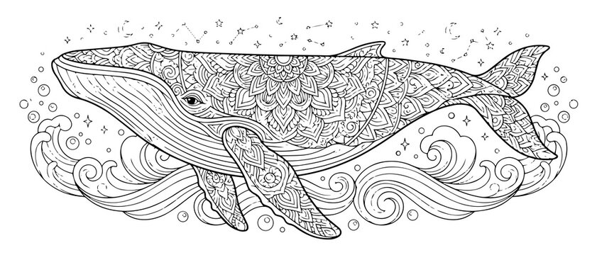 A humpback whale swimming through ocean waves and bubbles, adorned with complex mandala patterns and constellations for coloring