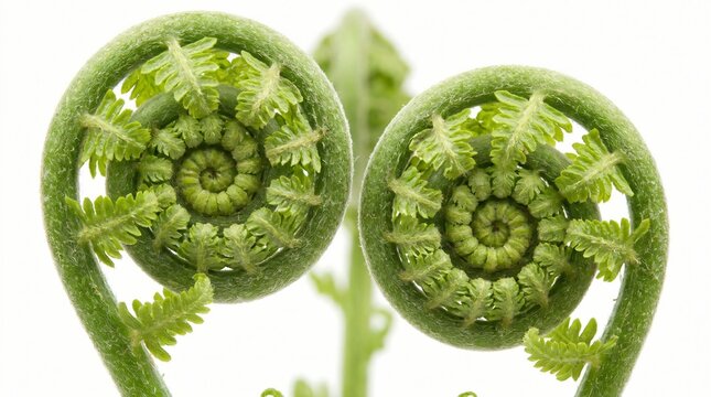 Captivating natural spirals of vibrant green fern fiddleheads unfurling, showcasing intricate botanical line structures and delicate organic symmetry