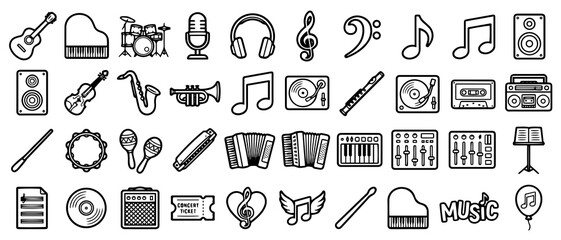 Musical instrument and audio equipment including guitars, drums, microphones, notes, and recording gear in a clean black and white line style © shahin11