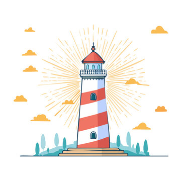 Flat design lighthouse with sun rays vector