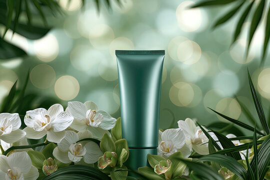 Green Metallic Cosmetic Tube with Orchids and Leaves