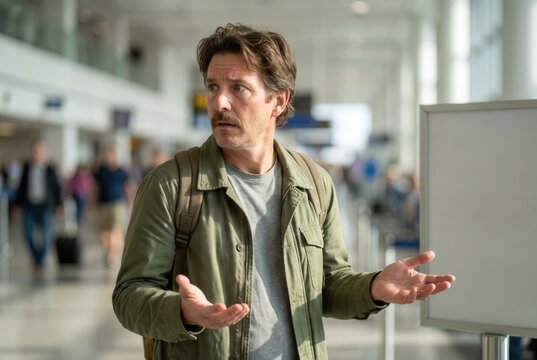 Man looking bewildered, shrugging, and seeking direction inside an airport terminal