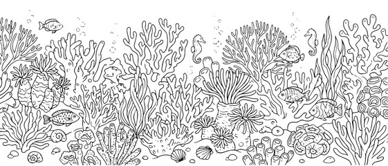 Underwater coral reef scene with tropical fish, seahorses, and seaweed, black and white line coloring page for kids and adults © shahin11