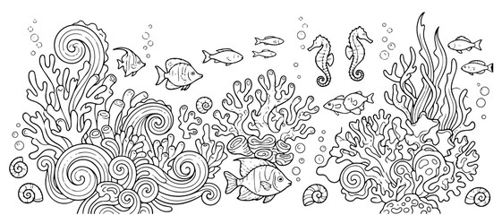 Underwater coral reef scene with tropical fish, seahorses, and seaweed, black and white line coloring page for kids and adults © shahin11