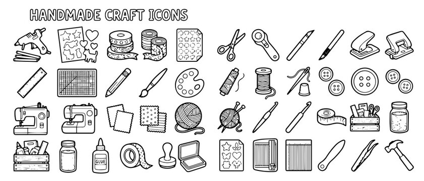Collection of handmade craft featuring sewing machines, scissors, glue, yarn, buttons, and various diy hobby tools in line style
