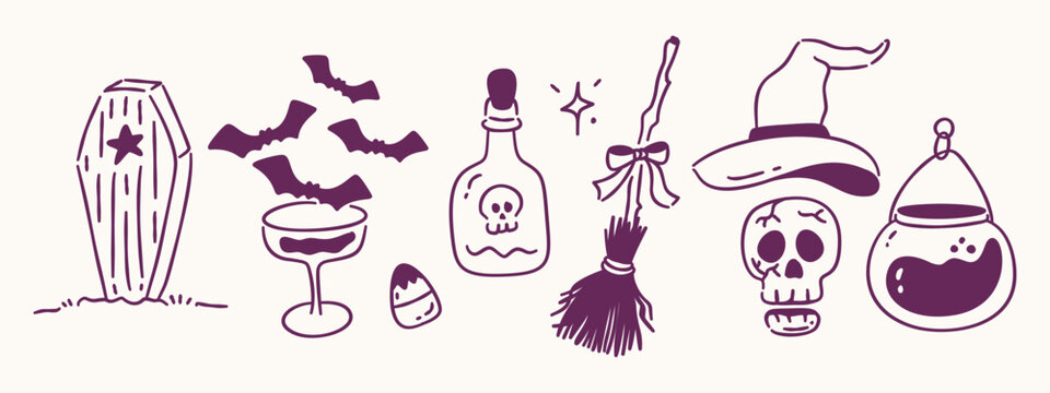 Hand drawn halloween witch set with coffin, bat cocktail, poison bottle, broom, skull and magic cauldron vector