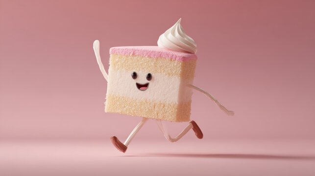 Whimsical cake slice character with arms and legs playfully walking against a soft pink background, cute dessert mascot concept, creative bakery illustration, fun food art design, sweet confectionery 