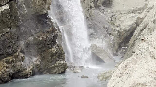 Sissu Falls in the Chandra valley observed from Leh - Manali highway, Himalayas, Jammu and Kashmir, Northern India.