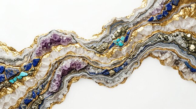 Abstract lava currents elegance with amethyst crystals lapis lazuli and gold leaf textures in a flowing geode mineral stone artistic pattern