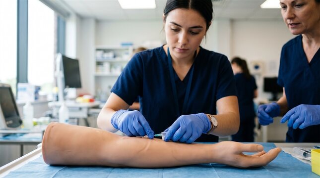 Medical student learns injection technique with simulation arm