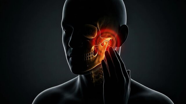 Jaw Pain TMJ Temporomandibular Joint 3D Medical Animation Skull Anatomy X-Ray Glowing Red Dark Background