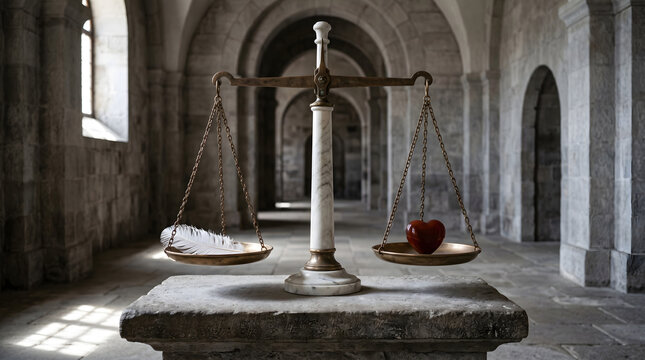 A conceptual balance scale weighing a white feather against a red heart in a stone sanctuary, symbolizing judgment, morality, and justice.