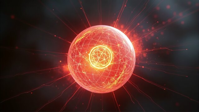 Glowing red orb with intricate network and geometric patterns