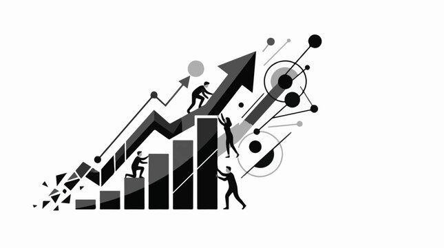 A black and white graphic image of a bar chart with people working together to push and climb on it