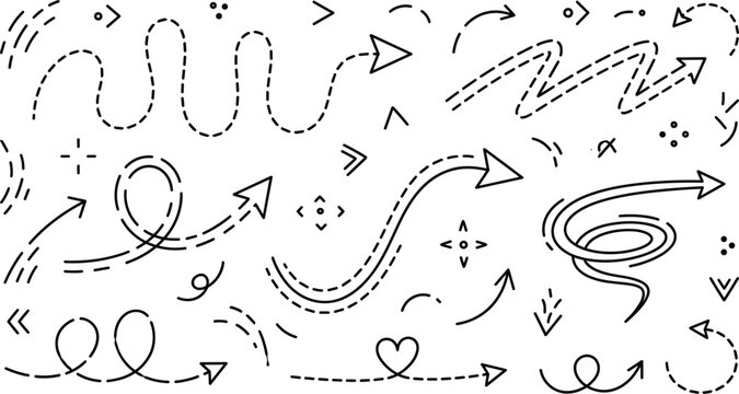 Hand drawn doodle arrow set with dashed curved wavy and spiral line outline elements on white background design