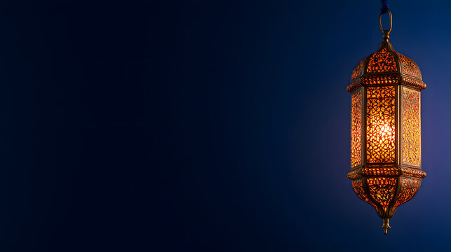Traditional Moroccan Lantern Illuminating Dark Blue Background