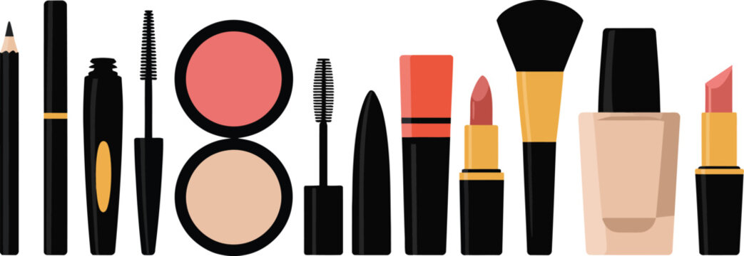 Set of colorful cosmetic products and makeup tools for beauty and personal care with makeup kit beauty salon makeup artist cosmetics lipstick foundation eyeliner products accessories supplies