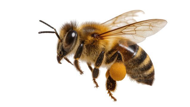 Honey bee with pollen basket on leg flying