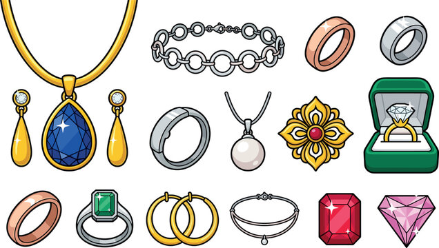 Luxury Jewelry and Precious Gemstone Vector Icon Set Featuring Diamond Engagement Rings Sapphire Necklace Pearl Pendant Emerald Bands Brooch And Earrings Illustration