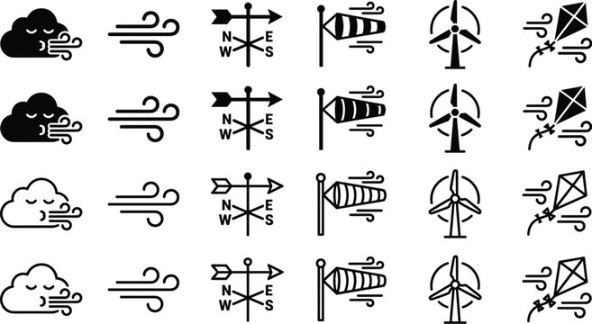 Wind and weather forecast vector icon set featuring wind blowing cloud, weather vane compass, windsock, renewable energy wind turbine, and flying kite elements.