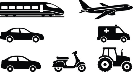 Transportation and vehicles flat black silhouette vector icon set featuring high speed train, commercial airplane, sedan cars, emergency ambulance, moped scooter, and farm tractor. © MdJaynal