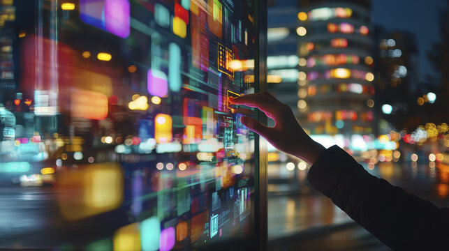 Dynamic shot of hand interacting with colorful digital display in urban setting, showcasing technology and innovation