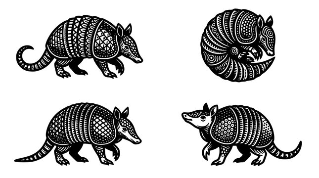 Armadillos in Intricate Black and White Patterns Showcasing Various Poses and Designs Featuring Armadillo, Pattern, Design with Animal
