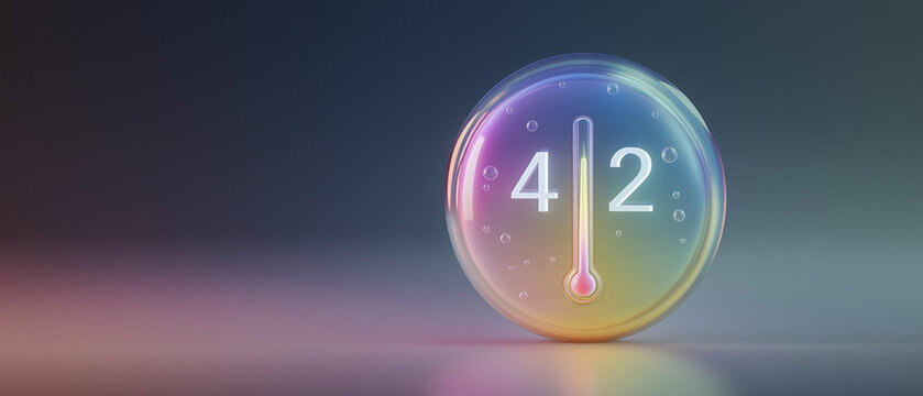 Rainbow Thermometer of Ambition: A vibrant, glowing thermometer displaying the number 42, encased in a shimmering, colorful bubble, symbolizes temperature, measurement, and potential growth.