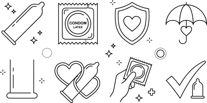 Safe sex condom line icons set for health protection contraception family planning prevention linear outline vector design elements