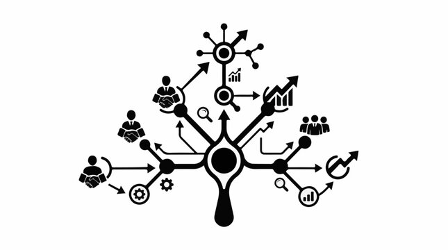 Black and white business strategy flowchart with people icons and graphs