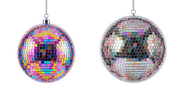 Two disco balls with colorful and silver mirror tiles isolated on transparent background