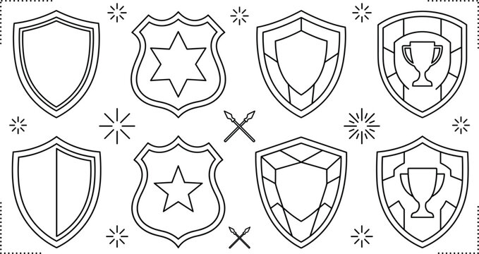 Shield line icons set for security protection emblem police badge trophy award safety guard linear outline vector elements