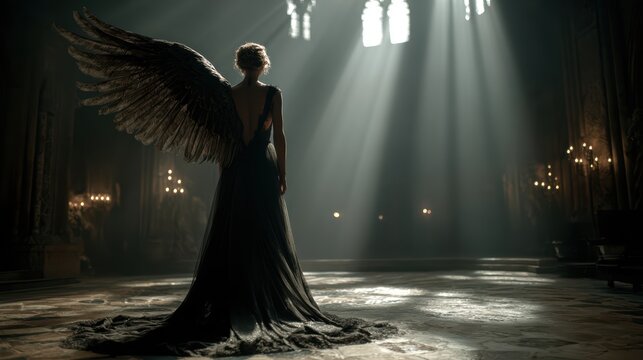 Enigmatic Woman with Wings in Abandoned Gothic Cathedral Interior