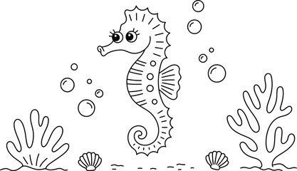 Detailed seahorse coloring page surrounded by seaweed and coral reef with seahorse underwater coloring illustration activity wildlife children educational preschool learning tropical © MstAsmaAkter