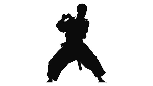 Karateka practices a defensive martial arts stance against a clean and isolated white background.