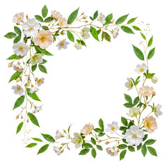 Fototapeta premium Wild rose square floral frame, delicate white and pale yellow flowers with green leaves, isolated.