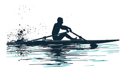 Rower silhouette glides across the water surface with rhythmic strokes in a calm morning setting. © adnan