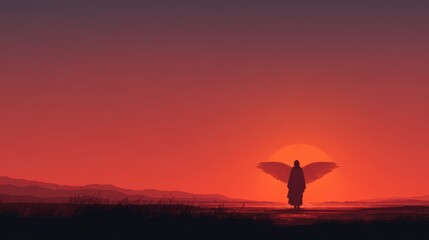 Naklejka premium Serene Sunset with Silhouette of Figure and Angelic Wings