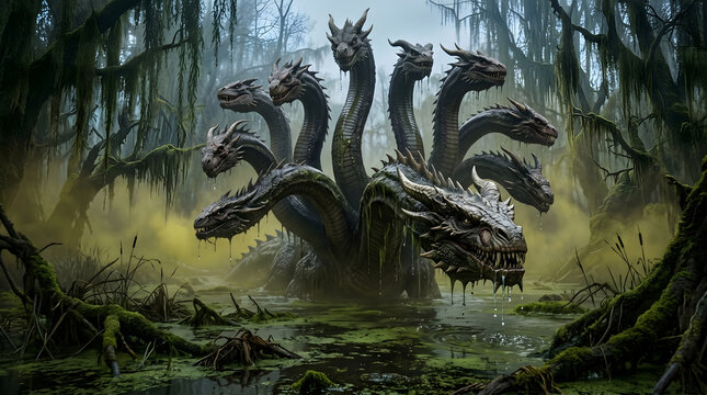 A legendary multi-headed hydra dragon emerging from a dark and murky swamp surrounded by mossy trees in a misty fantasy forest.