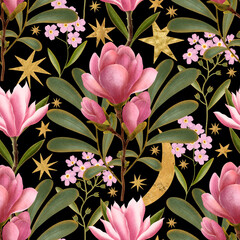 Naklejka premium legant watercolor seamless pattern with branches of pink magnolia on a dark background. The composition is adorned with graceful golden stars and thin crescent moons, creating a fairytale night atmosp