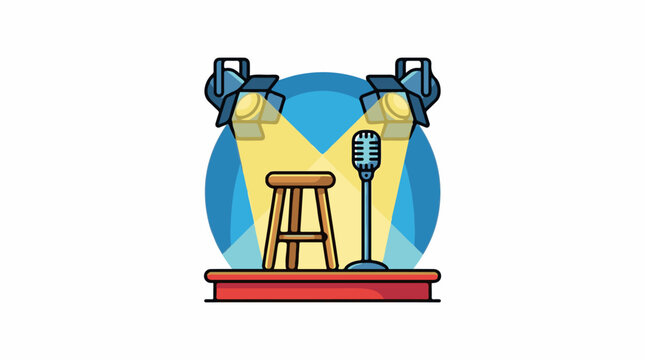 A colorful cartoon illustration of a stage with a stool and microphone