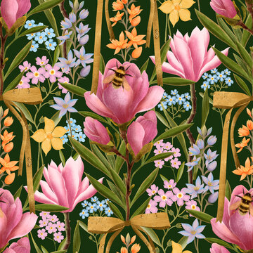 Luxurious vintage seamless pattern on a dark background. Large pink magnolias, fluffy bees, and soft blue forget-me-nots are harmoniously integrated into a structure of elegant golden decorative frame
