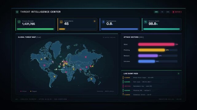 Cybersecurity threat intelligence dashboard with global attack map and live event monitoring feed