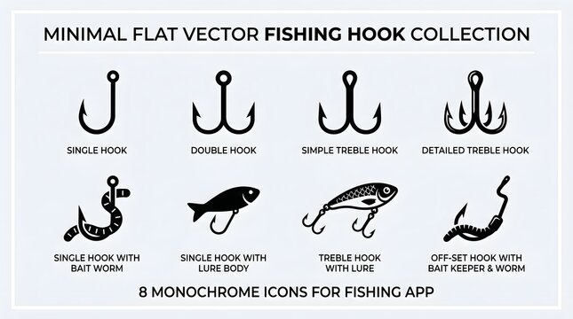 Minimal flat vector fishing hook icons, monochrome fishing symbols, hook shapes, fishing app graphics, vector collection