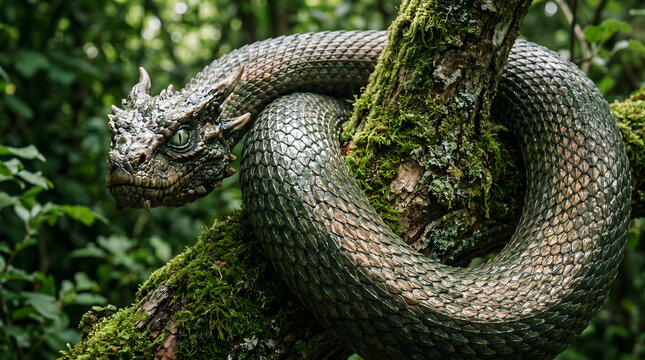 A realistic green dragon with scales coiled around a mossy tree branch in a lush forest, featuring detailed textures and mythical appearance.