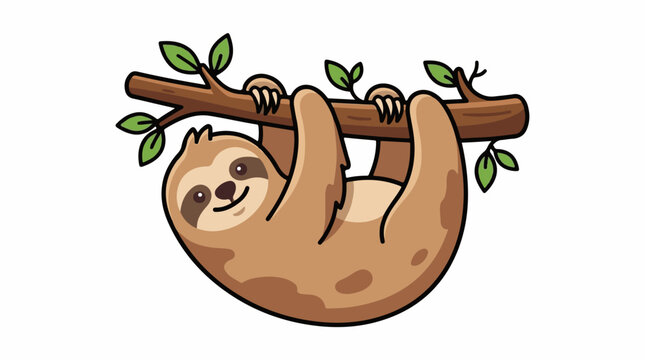 A cartoon sloth hangs upside down on a brown tree branch with green leaves