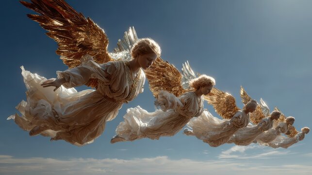 Ethereal Angels with Golden Wings Soaring in a Clear Blue Sky