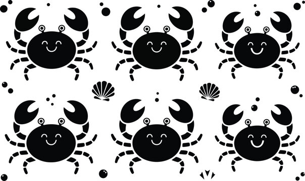 Happy cartoon crabs with bubbles and shells illustration graphic design collection isolated wildlife underwater shellfish creature illustration crustacean under-sea