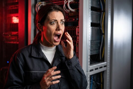 Woman technician panicking during a critical server room emergency with red alarm lights