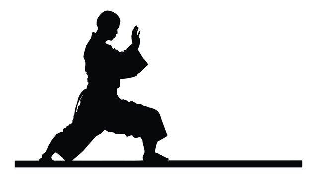 Martial artist performs a traditional karate kata stance in a clean black silhouette design.